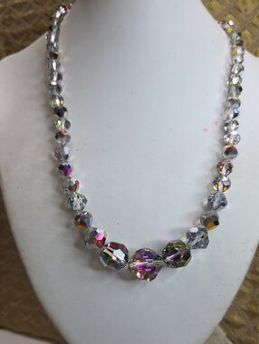 Vintage Aurora AB Crystal Faceted Bead Necklace - Iridescent 20"
